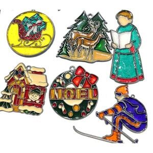 Vintage Faux Stained Glass Christmas Sun Catcher Lot Deer Wreath Ski Tree 12 pcs